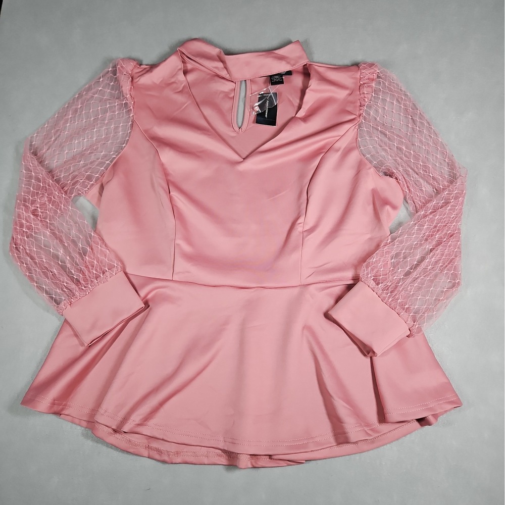 Ashley Stewart Womens Pink Lace Sleeve Peplum Blouse Size 18/20 NWT